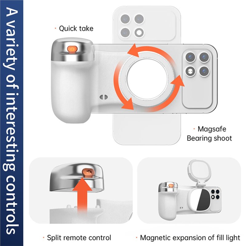 Photography Lighting Design - A33T マグネット式スマートフォン用Bluetoothセルフィースティック。LEDライト付きで、人間工学に基づいたデザイン。白色。
