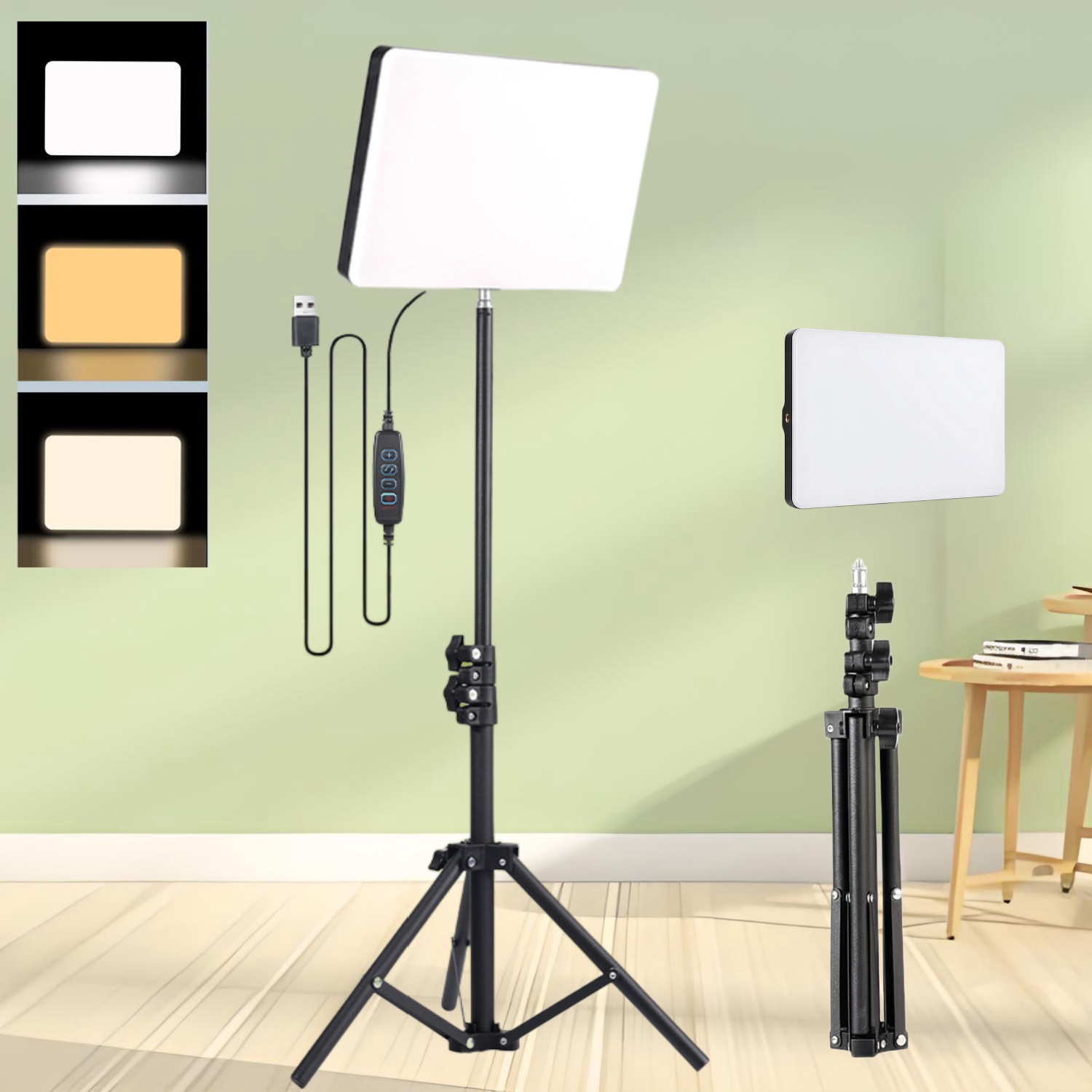 Photography Lighting For Portraits - ライブストリーミング用リングライトセット：10インチ3色調整可能超薄型パネルライト、110CMフレキシブル三脚付き、ポートレート＆商品撮影に最適